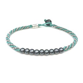 Surfer Anklet Woven Ankle Bracelet w Beaded Hematite Stones in Gray Aqua for Men Women Teens and Kids