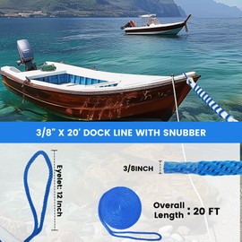 Tether Tite Marine Dock Line Boat Mooring Snubbers Kit, 3/8" x 20' Dock Line with 12” Eyelet and Mooring Snubber (21-3/4" Length), 1920lbs Tensile Strength(Blue)