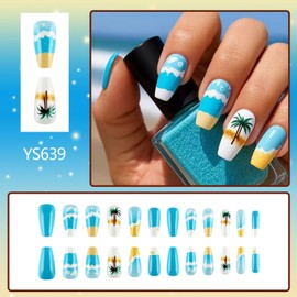 Summer Press on Nails Coffin Blue Fake Nails Medium French Tip Acrylic Nails with Coconut Trees Designs Beach Glue on Nails Coffin Nails Press on Holiday Press on Nails Medium Stick on Nails for Women