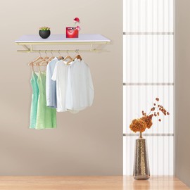 BANLICALI Clothes Rack with Top Shelf, 31.5 Inch Industrial Pipe Wall Mounted Garment Rack, 88 LBS Load Capacity Hanging Garment Stand Heavy Duty for Closet Storage Homes Clothing Stores Gold+White