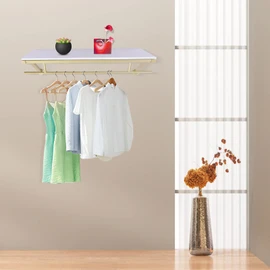 BANLICALI Clothes Rack with Top Shelf, 31.5 Inch Industrial Pipe Wall Mounted Garment Rack, 88 LBS Load Capacity Hanging Garment Stand Heavy Duty for Closet Storage Homes Clothing Stores Gold+White