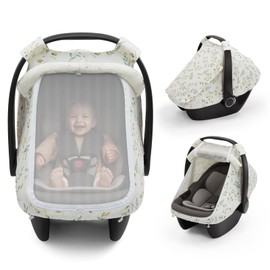 Blissful Diary Baby Car Seat Cover, Extra Large Mesh Window, Breathable Muslin Cotton, Infant Windproof Canopy, Must-Have Baby Gift - Botanical Leaf