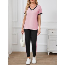 Famulily Lounge Wear Set for Women UK V Neck Short Sleeve Tops and Side Stripe Jogger Pants Comfy Co Ords Sets Pink S