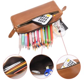 Wonderpool Leather Pencil Case Pen Bag Marker Holder for Stationery Makeup Utensils Organiser with Large Capacity and Side Pocket Zip for Men and Women, brown, pencil case