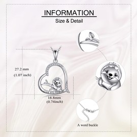 YAFEINI Sloth Necklace Sterling Silver Sloth Pendant Heart Necklace Jewelry for Women