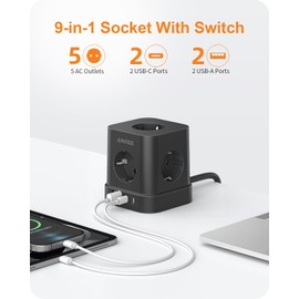 9 in 1 Steckdosenwürfel mit USB C, 5 Fach Mehrfachstecker Steckdose mit Schalter, Steckdosenleiste Überspannungsschutz mit 4 USB, Verteilersteckdose 2M für Zuhause (Schwarz)