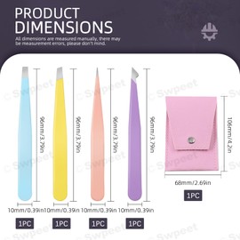 Swpeet Slant 4 Pieces 3.79 Inch Multi-Colour Eyebrow Tweezers Stainless Steel Tweezers Kit with Leather Travel Case, Professional Slanted Tip Precision Tweezers Great Precision for Eyebrows Facial