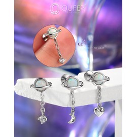 OUFER 16G Dangle Helix Piercing Internally Threaded Cartilage Earring 8 mm Opal Conch Stud Stainless Steel 316L Flat Back Earring Clear CZ Helix Ring For Women