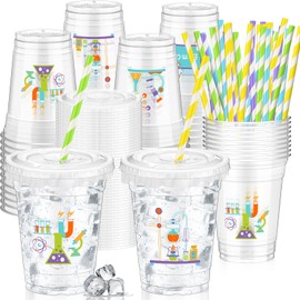 FoldTier 50 Pcs Science Cups 12 oz Disposable Plastic Cups with Straws and Lids Science Clear Cup Birthday Cups Supplies Birthday Table Decorations Party Favor