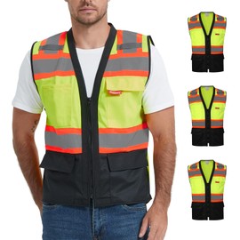 ProtectX 6 Pockets High Visibility Safety Vest for Men Women Class 2 Reflective Hi Vis Work Construction Vest, Neon Green - Mesh Fabric 3-pack, 3X-Large