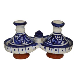 Treasures Of Morocco Spice Holder Ceramic white & Blue Seasoning Handmade Tagine Double Container Storage Organizer