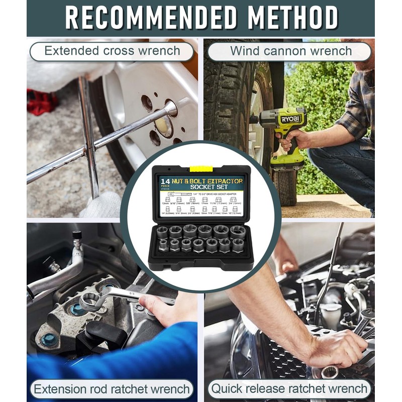 Bixury 14-Piece Nut Remover Set 3/8 Inch Nut Socket Set