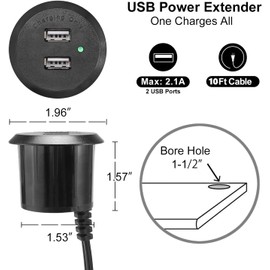 Desktop Recessed Mount USB Power Hub Desk Power Outlet Charging Center Nightstand Cabinet (2 USB 2.1A 10 ft)