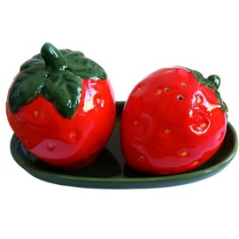 Novelty Glazed Ceramic Strawberry Shaped Salt and Pepper Pots/Shakers Set with Base - Red, Dark Green - 14 cm