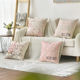 Artoid Mode Striefen Polka Dots Cherry Blossom Vase Hello Spring Cushion Covers Set of 4 45 x 45 cm Summer Seasonal Decorative Cushion Cover Decoration