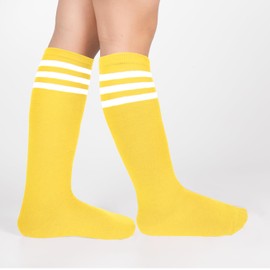 Benefeet Sox Toddler Soccer Socks Neon Yellow Kids Soccer Socks White Three Stripes Girls Knee High Socks Long Tube Colorful Cotton Youth Soccer Sock Solid Color Sport Softball Baseball Sock Gift