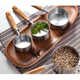 Charm & Casa Premium Stainless Steel Measuring Cups and Spoons Set, Nesting Measure Cups with Acacia Wood Handles, For Cooking and Baking (Silver), Custom