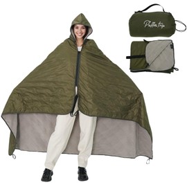 Wearable Warm Camping Blanket Waterproof Windproof Quilted Fleece Stadium Outdoor Blanket with Portable Bag for Cold Weather Picnic Sports Pet Beach Travel Car 79x55 inches Olive Green with Hat
