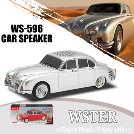 WSTER WS-596 Retro Sedan Bluetooth Car Replica Speaker – Portable Wireless Model with HD Sound, TWS Stereo Pairing, FM Radio, USB/TF Playback, LED Headlights, Built-in Mic (Silver)