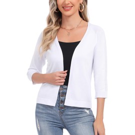 Sykooria Cardigan Women's Short 3/4 Sleeve Bolero Cardigan Open Front V Neck Knit Bolero Jacket Festive Solid Short Jacket S-XXL, White