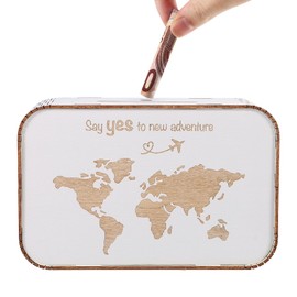 LOVLEY Money Box with Counter - Wooden Money Box for 5000 Euro - Money Saving Money Box for Adults and Children - White with World Map Pattern