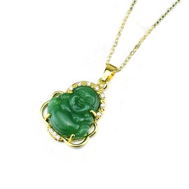 COLORFUL BLING 18k Gold Plated Laughing Buddha Pendant Necklace Green Jade Cubic Zirconia Gemstone Lucky Amulet Jewelry for Women Men-A Green