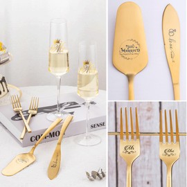 iooiluxry - Juego de cuchillos y servidores para tartas de boda doradas, copas de champaña con juego de corte de pasteles, para bodas, despedidas de soltera, regalos
