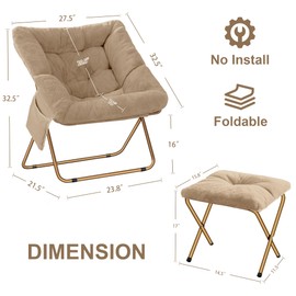 Osumlee Comfy Saucer Chair for Adults, Foldable Living Room Chairs, Soft Faux Fur Lounge Chair for Bedroom, Reading Chairs, X-Large (Ottoman-Beige)