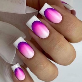 French Tip Press on Nails Medium Square Fake Nails Purple False Nails with White Tip Designs Pink Purple Glue on Nails Summer Stick on Nails Cute Acrylic Nails Full Cover Glossy Artificial Nails