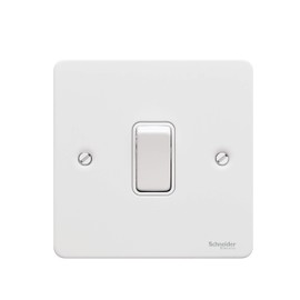 Schneider Electric Ultimate Flat Plate - Single Rocker Light Switch, Intermediate, 16AX, GU1214WPW, Painted White with White Insert