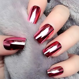 Wine Red Chrome Press on Nails Medium Square Fake Nails Wine Red Mirror Metal False Nails Acrylic Glue on Nails Glossy Full Cover Stick on Nails Shine Artificial Nails for Women 24Pcs