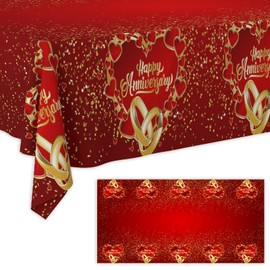 Junliang Red Happy Anniversary Tablecloths Love Heart Gold Sequin Printed Table Covers for Birthday Party Anniversary Wedding Dining Room Home Decoration Supplies 53" x 98"
