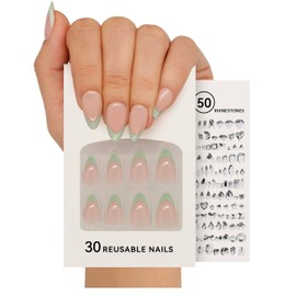 French Tip Acrylic Press on Nails,DIY With 50 Rhinestones for Charming Women,Short Almond Nails With Super Strong Glue,Light Green,15 Sizes,30 Nail Kit