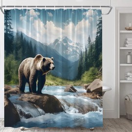 Rustic Bear Shower Curtain Vintage Cabin Lodge Green Forest Tree Mountain Lake Woodland Hunting Camping Adventure Wildlife Animal Stream River Landscape Polyester Fabric Bathroom Curtain with Hook