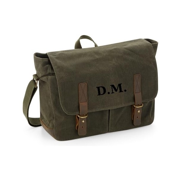 Personalised Embroidered Olive Green Waxed Canvas Messenger Laptop Bag for