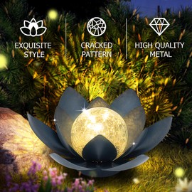 Huaxu Solar Lights Outdoor Garden Decor, Amber Crackle Glass Globe Lotus Flower, Waterproof Gray Metal Solar Light for Patio, Lawn, Walkway, Tabletop, Ground,Christmas Gifts for Mom,Women