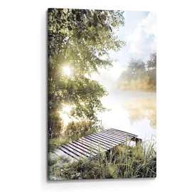 Lake Picture Wall Art Canvas: Nature Sunrise Landscape Painting Print Vertical Dock Scene Artwork Decor for Bedroom Living Room