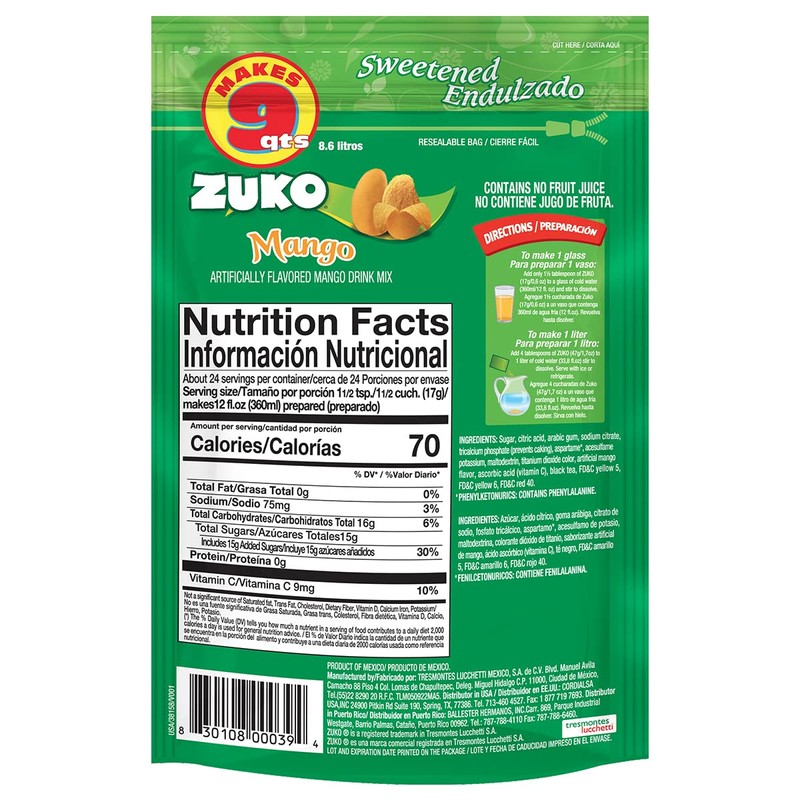 Zuko Mango Instant Powder Drink Family Pack, 14.1 oz, Pack