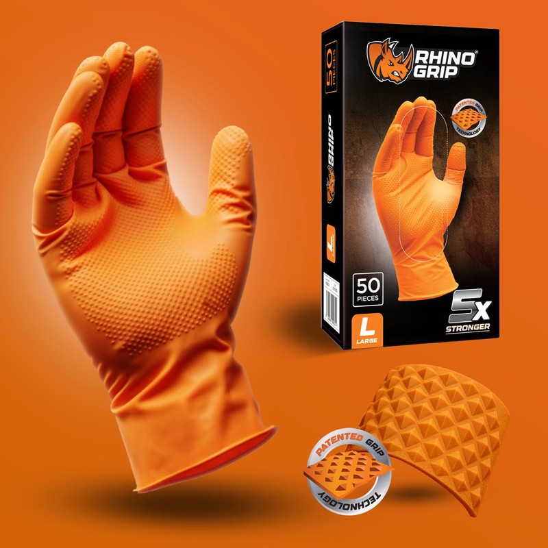 RHINO GRIP Nitrile Gloves - Disposable Gloves, Diamond Grip Orange