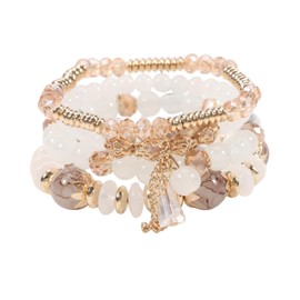 Bohemian Stackable Bracelets for Women Gold Beaded Stretch Charm Bracelets Set Crystal Elastic Multilayer Colorful Charm Bangles Bracelets Summer Beach Multicolor Statement Jewelry- White