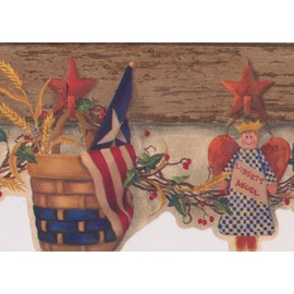 USA American Flag Birdhouse Heart Basket Liberty Angel Hanging on the Star Hooks on Brown Wall Vintage Wallpaper Border Retro Design, Roll 15' x 6.5''