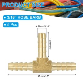 PATIKIL 3/16" Barb Tee Fitting, 5 Pcs 3 Way Union T-Shaped Brass Hose Barbed Fittings Intersection for Water Fuel Air Oil Gas