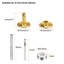 HARFINGTON 100 Sets Leather Rivets 10 x 10mm Metal Double Cap Rivet Snaps Studs Fasteners with 3pcs Setting Tools Rivets for Leather Craft DIY Repair Decoration, Gold Tone