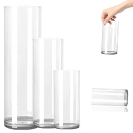 3 Large Acrylic Clear Cylinder Vase Set, 16" 12'' 8'' Tall Floor Large Flower Vase, Unbreakable Plastic Hurricane Vases, Different Size for Living Room, Desk, Wedding Centerpieces Flower Bouquet Décor