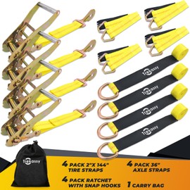 Trekassy 2”x 144” Car Tie Down Straps for Trailers Heavy Duty, 10000lbs Break Strength, 4 Pack Steel Ratchet, 4 Adjustable Car Hauler Straps, 4 Axle Straps