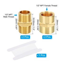 PATIKIL Brass Pipe Fittings Coupler Set, 4Pcs Brass Hex Nipple Coupling Reducer Adapter Tubing Connector Adaptor with PTFE Tape, 1/2" x1/2" NPT Male Thread and 1/2" x1/2" NPT Female Thread