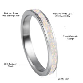 Aloha Jewelry Company 925 Sterling Silver 3mm Opal Stackable Wedding Ring Eternity Band, Blue White Opal, Rhodium Plated, Hypoallergenic for Sensitive Skin, Gift Box Included (3mm White Opal, 6)