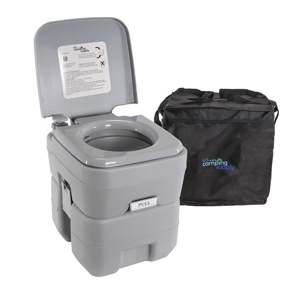 U.S. Camping Supply Portable Toilet with Carry Bag, 5.3 Gallon Waste Tank - Compact Indoor Outdoor Dual Outlet Commode - Travel, Camping, RV, Boating, Fishing - Traveling Bathroom, Water Flush Pump