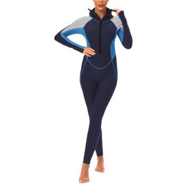 Women's Full Body Dive Skin Suit with Hooded One Piece Quick Dry 50+ UPF Rash Guard Long Sleeve Wetsuit Breathable Sun Protection Swimming Suit Navy Bule Gray L