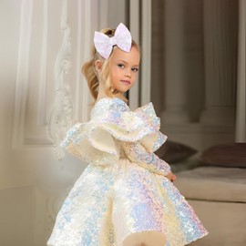 Lanmerry Hair Bow Clip for Girls, 5 inches Sequins Large Bow with Alligator Clip, Hair Accessories for Women Teens Babies Toddlers, White